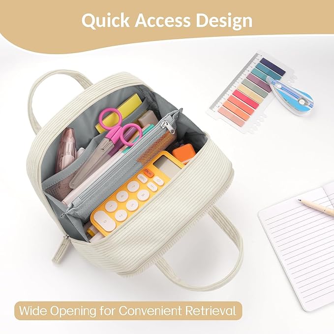 Sooez Large Pencil Case Pouch, Extra Big Pencil Bag with 5 Compartments, Pen Bag Wide Opening, Soft Corduroy Pencil Pouch Organizer with Zipper, Cute Aesthetic School Supplies for Teen Girls-Black