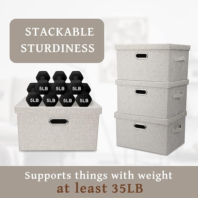 Graciadeco Medium 15" 21 Quart Collapsible Stackable Storage Bins with Lids, 5 Packs Beige Foldable Fabric Closet Boxes Heavy-duty Linen Cube Baskets Container for Bedroom Office (15 x 11 x 8)