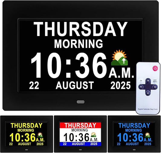 Véfaîî 2025 New, Digital Dementia Clock with Date and Time for Elderly, 10 Levels Auto Dimmer, 19 Alarms & Custom Reminders, Sun/Moon Icons, Auto DST, Large Display for Seniors- 7" with Remote