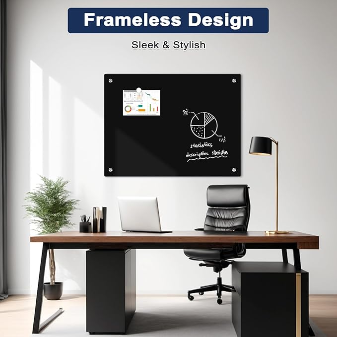 Black Dry Erase Board, 36" x 24" Magnetic Glass Whiteboard for Wall, Black Glass White Board with 1 Marker Tray and 3 Magnets for Office, Home, Classroom
