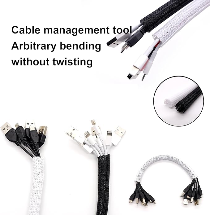 QCSIW 1/4" x 50ft Black Cable Sleeve Cover - Pet-Proof Cord Management System for Home Office Desk, Durable Wire Organizer Protector from Dog Cat Chewing, Flexible Cable Hider (Black)