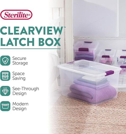 Sterilite 12-Pack ClearView Latch Box, Stackable Storage Organizer Bins for Home, 66 Quart