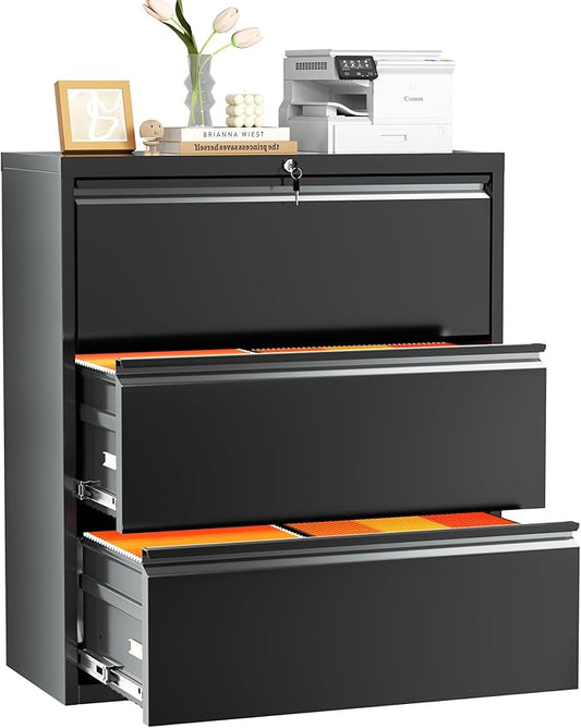 INTERGREAT 3-Drawer Black Lateral File Cabinet, Locking Metal Lateral Filing Cabinets with Lock, 28" W Horizontal Storage Cabinet with Adjustable Shelves for Home & Office