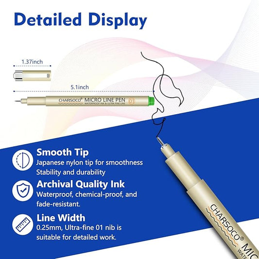 CHARSOCO 01 Micro Pen, 12 Colors Fine Point Pen, 0.25mm Fineliner Ink Pens for Artist Illustration, Waterproof Archival Ink, Sketching, Anime, Manga, Technical Drawing and Scrapbooking-fan