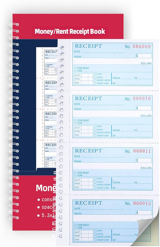 Receipt Book with Carbon Copies,Money and Rent Receipt Book,2-Part Carbonless,5.31" x 11.22",Spiral Bound,200 Sets per Book,4 Receipts per Page.