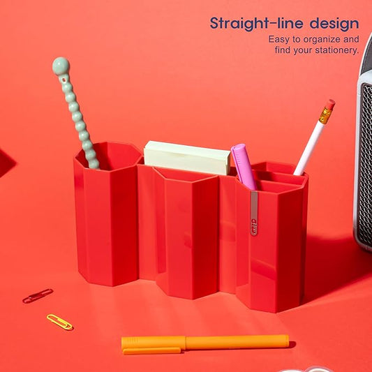 AonT Design Small Desk Organizer - Red Pen Tray & Holder (Multi-Compartment) (Made in Korea) – Modern Office Storage Supplies Organizer and Aesthetic Decor for Accessories