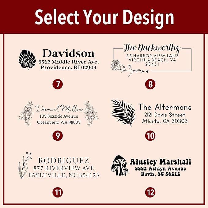 Custom Floral Address Stamp | Choose from 12 Designs | Multiple Ink Color Options | Envelope Return Address Stamp for Couple or Family (Design 1, Extra Large)