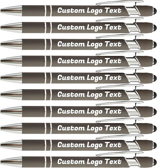 HEYZARDA Personalized Pens with Name Text Logo Custom Ballpoint Pen for Business Office Events with Stylus for Touchscreen 10 Pcs Grey