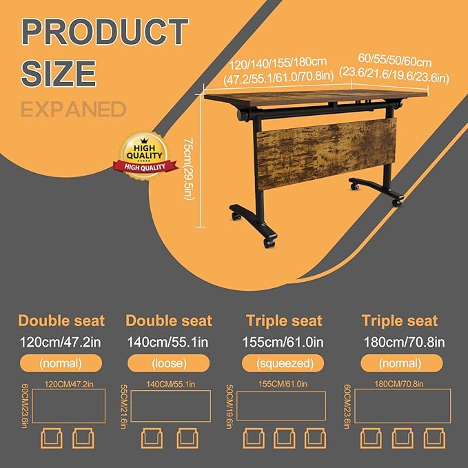 Folding Conference Table 4ft 5ft, Foldable Office Meeting Desk for 6 People, Multiple Sizes Colors Mobile Conference Room Table for Training Room School Business Furniture (2, Brown, 55in)