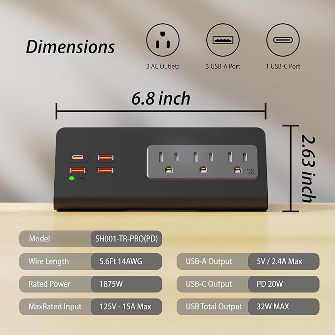 Upgraded,Desk Edge Clamp Mount Power Strips with USB Ports, PD20 W Fast Charging USB-C Port and 3 AC Outlets, Nightstand Charging Station,Office Tabletop Accessories,5.6 Ft Extension Cord