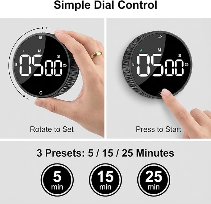 Rechargeable Magnetic Kitchen Timer, LED Countdown/Count-Up Timer, Supports USB-C Charging, with Loud Alarm, 3 Preset Quick Times (5/15/25m), Perfect for Kitchen Cooking, Studying, and Fitness