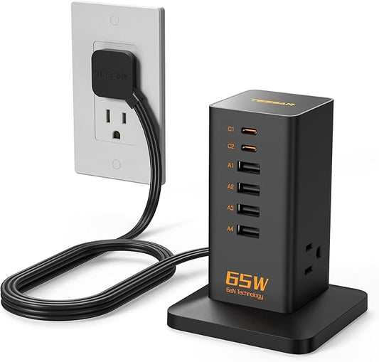 USB Charging Station for Multiple Devices PD 65W, TESSAN 9-in-1 USB C Charger Block for iPhone 17/16/15, MacBook, Tablet, Type C Desktop Charger with 3 AC, Home Travel Office Accessories