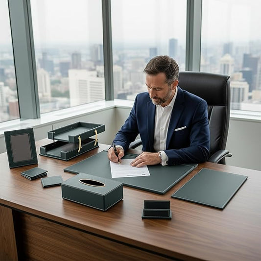RitPin Desk Set, 11-Piece All-in-One – Executive Desk Accessories & Office Supplies, Leather Desk Organizer with Desk Pad & Blotter, 2-Tier Letter Tray, Luxury Office Desk Decor & Boss Gifts (Green)
