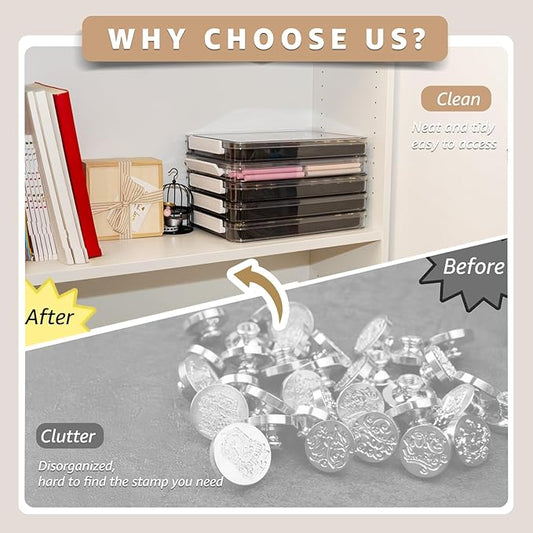 Nuvretk 54 Slot Wax Seal Stamp Head Storage Box - Clear Organizer with Double-Latch Lid, Stackable Design, EVA Foam Pad for Various Stamp Sizes