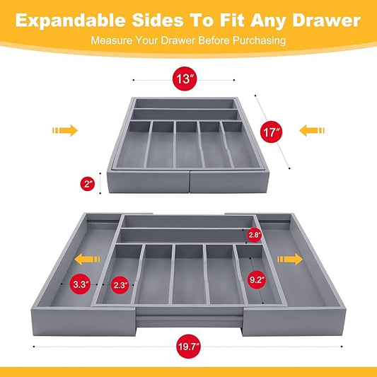 oridom Large Premium Bamboo Silverware Organizer - Expandable Drawer Organizer & Utensil Organizer - 17"x19.7" Cutlery Tray with Dividers for Kitchen Utensils and Flatware (7-9 Slots) (Grey)