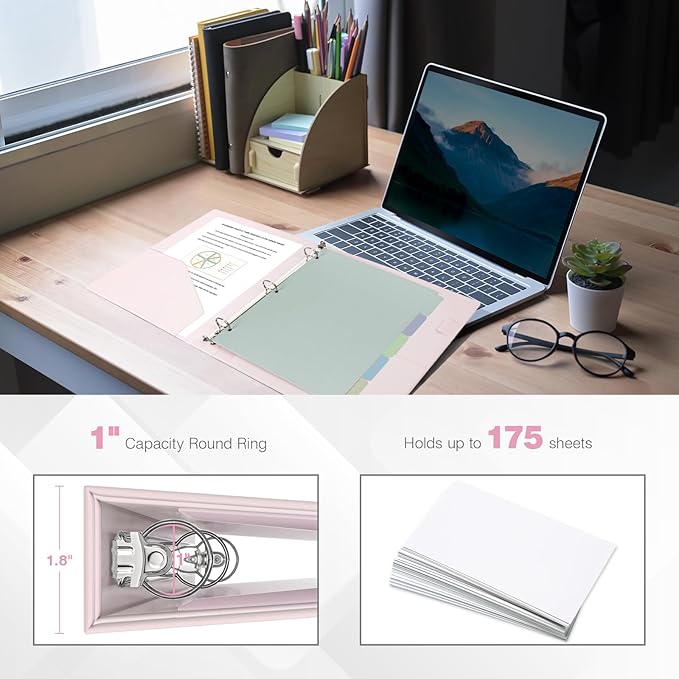 Ospelelf Vintage Hardcover 3 Ring 1 inch Leather Binder, Professional Binders Organizer Suitable for Letter Size Documents, Binder Dividers with Tabs, Faux Pink Leather