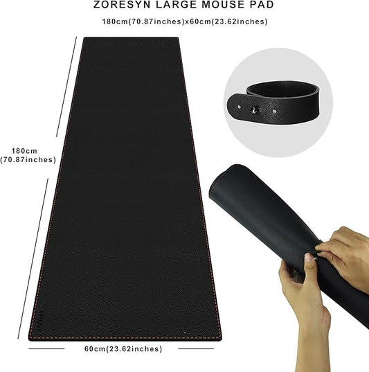 ZORESYN PU Leather Desk Mat Waterproof Anti-Oil Dining Table mat - 70.9" x 23.6" - Large Mouse Pad with Suede Base,Stitched Edges Office Desk Pad for Office & Home | Black