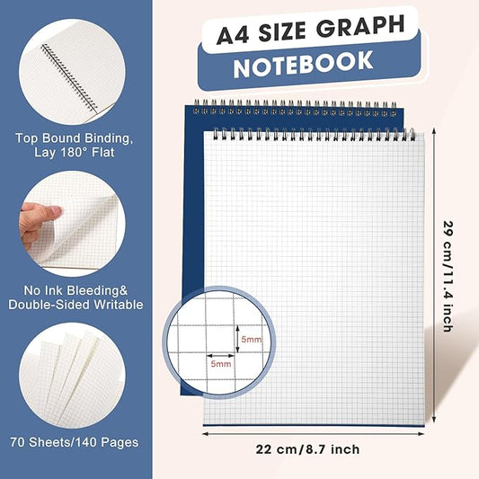 Engrowtic Top Spiral Graph Paper Notebooks 8.7 X11.4 Inch A4 Grid Paper Notepad 70 Sheet Memo Steno Pad for Engineering Writing Sketching Drawing School Office Supplies (Dark Blue,1 Pack)