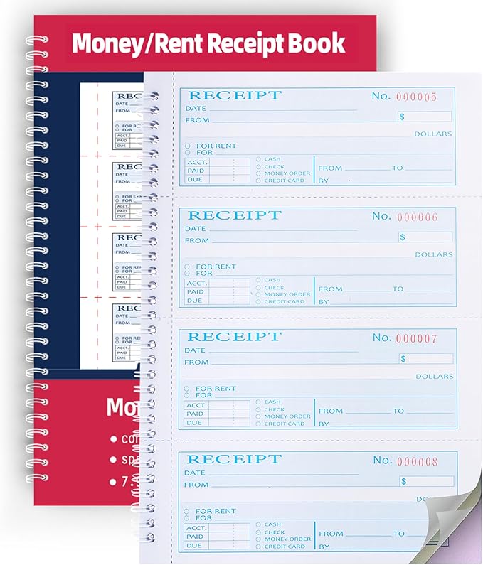 Money Rent Receipt Book,7.9x11.22 Inches 3 Part Carbonless,Receipt Book with Carbon Copies,Cash Receipt Book,100 Sets per Book