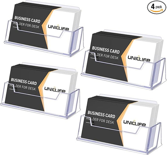 Uniclife 4 Pack Acrylic Business Card Holder for Desk 1 Slot Clear Business Card Display Stand for Men & Women Desktop Business Card Organizer Card Stand for Office Home Exhibition, 60 Card Capacity
