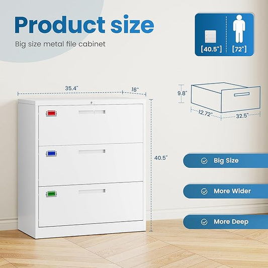 PEUKC 3 Drawer File Cabinet, Lateral Filing Cabinets for Home Office, Office Storage Drawers with Lock, Hanging Files Legal/Letter A4 Size (Assemble Required,White)