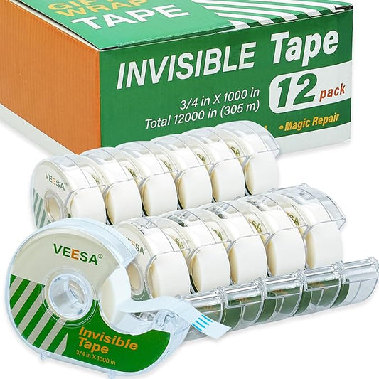 Invisible Tape, 12 Dispensered Rolls, 3/4 x1000 Inches, Matte Finish, Gift Wrapping Tape for Label & Mend, Classroom, Office, Back to School Supplies