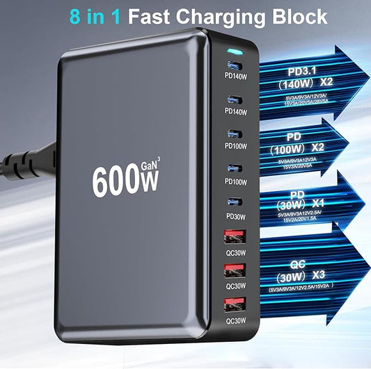 600W Fast USB C GaN Ⅲ Pro Charger Block,8 Port Charging Station,Dual 140W PD3.1 PPS Fast Charging Station for Multiple Devices Laptop Wall Charger Compatible with MacBook/iPhone 16/iPad etc