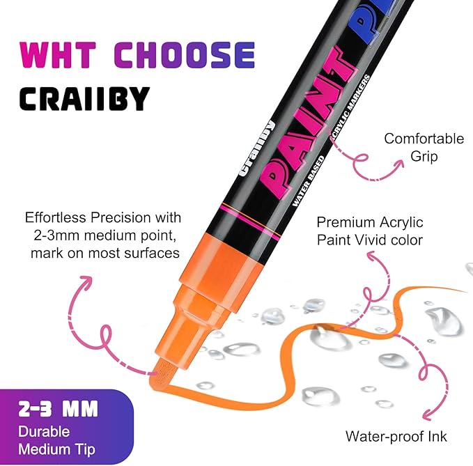 Craiiby Yellow Paint Pens Paint Markers - 12 Pack Permanent Quick Dry Waterproof Marker Pens for Rocks Wood Fabric Plastic Canvas Glass Mugs Metal Tire Stone