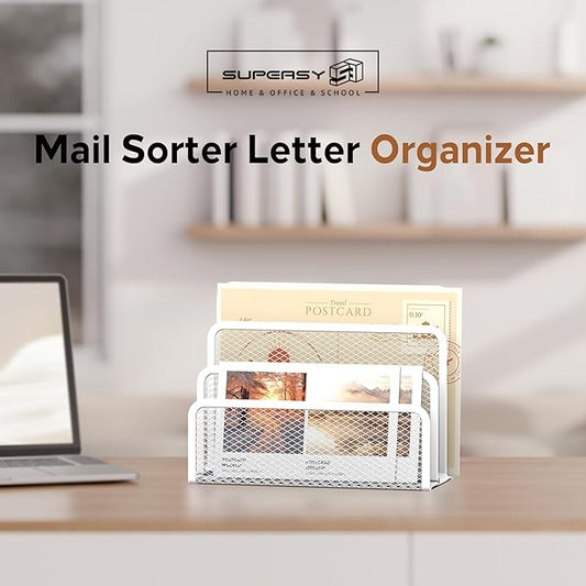 SUPEASY Mail Organizer for Desk, Mesh Metal Mail Holder Countertop with 3-Slot, Letter Sorter File Holder, Office Envelope Organizer for Mails (White)