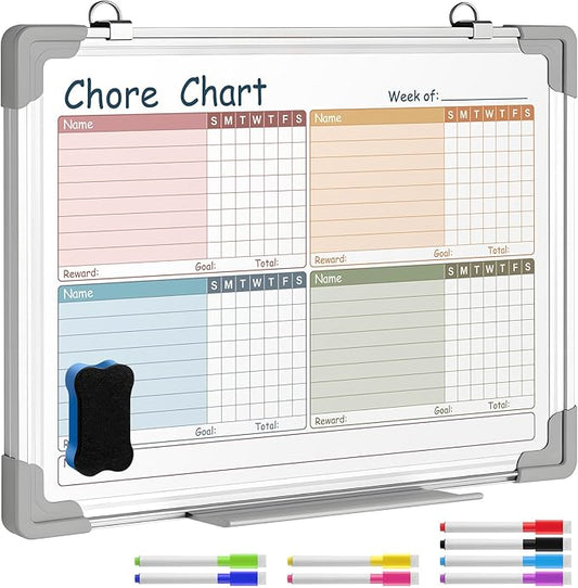 Lincia Magnetic Dry Erase Chore Chart Board for Multi-Person Households 24"x18" Double Side Family 2 in 1 Combo Chore Board for Wall Aluminum Frame 8 Markers 1 Eraser(Double Style)