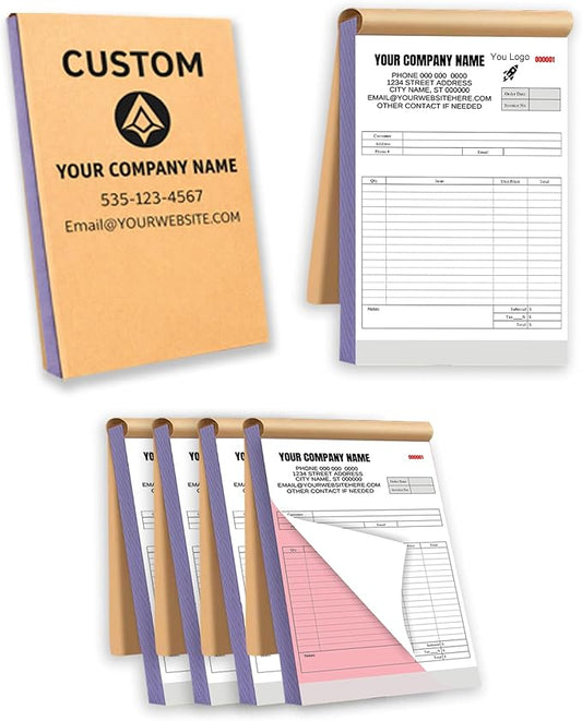 Custom Carbonless Invoice Book with Logo, Personalized Cover & Inner Pages, 2 Part NCR Receipt & Work Order Forms, Easy Tear, Writing Shield for Small Business (2-Part [White/Red], 10.24 * 7.48INCH)