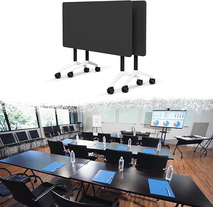 Goakwwuz Conference Room Table, Folding Conference Tables,Thicken Grey Tabletop,Flip Top Wooden Seminar Meeting Room Table for Conference Room Offices (2, Black, 61.0“)
