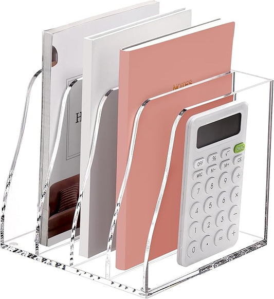SANRUI Acrylic File Organizer, Compact Desk Organizer for Folders, Binders, Notebooks, Envelopes, Vertical Binder Storage Organizer, 4 Section Bookshelf for School Home Office Organization