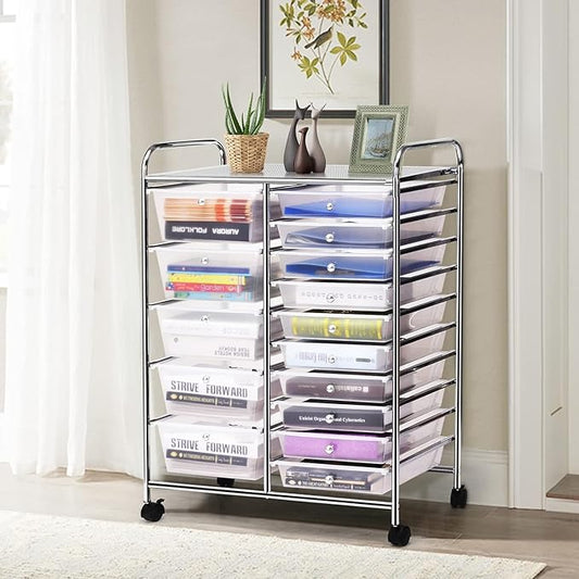 LDAILY 15 Drawer Rolling Storage Cart, Rolling Cart with Drawers for Classroom, Art Supply Craft Organizer on Wheel with Metal Frame & Handles for Home Office School
