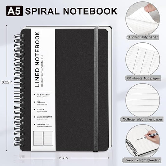 ABERLLS Black Lined Spiral Journal Notebook with 160 Pages, 8×5.7in, A5 Spiral Notebooks, Journaling Notebooks for Work, School, Women, Men, College Ruled Notebook, Hardcover Leather Journals