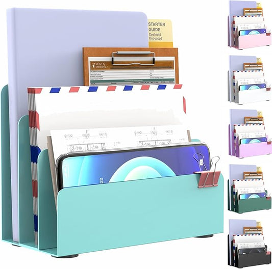 OUTIOE Mail Organizer Countertop, Small Desk File Organizer, Metal File Holder - Essential Workspace Organizers for Office Desk, Home Office (Blue)