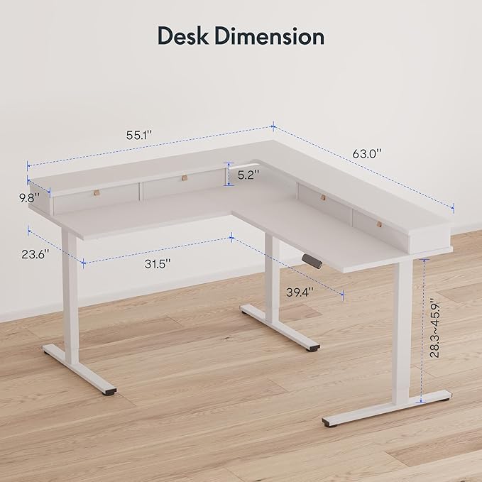 FLEXISPOT 63" L Shaped Standing Desk with Shelf Electric Corner... (White, 63x..