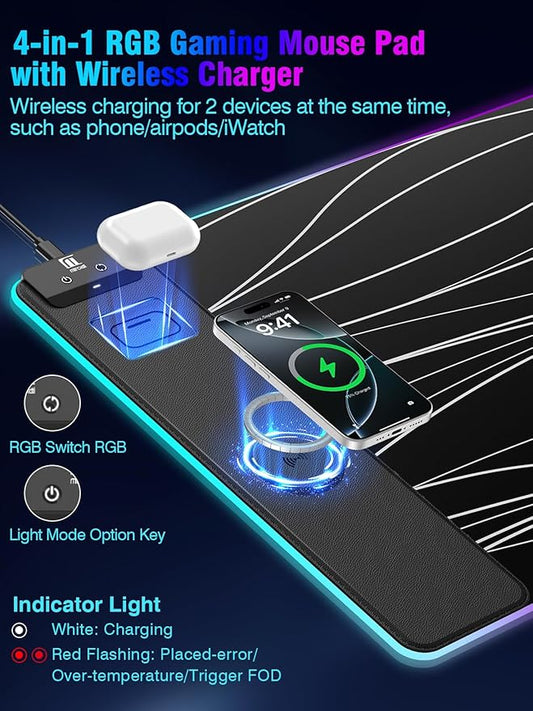 Mouse Pad with Magnetic Wireless Charging, Large Desk Pad Protector, RGB Black Mousepad Desk Mat with 15W Fast Charger, 4mm Thick Non-Slip, Waterproof Laptop Writing Pad for Office, Home, Gaming