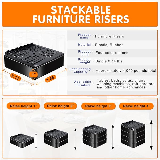 shouwuhho Furniture Risers, 4 Pack Bed Risers with Non-Slip Grip and Heavy Duty Support, 1 Inch 2 Inch 3 Inch 4 Inch Height Lift for Couch, Sofa, Table, Desk, Chair, Refrigerator - Black, 1 Inch
