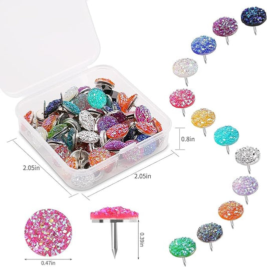50Pcs Push Pins, Shiny Diamond Glitter Rhinestone Decorative Thumb Tacks for Photo Wall, Cork Board, Bulletin Board & Desk Accessories (Silver)
