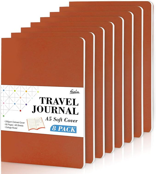 feela 8 Pack Soft Cover Journal Bulk, Notebooks College Ruled for Work, Lined Travel Journal for Women Men, Note Taking Notebook School Supplies Business Writing, 8.2” x 5.5”, A5, Dark Orange