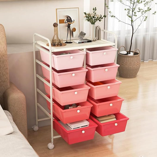 LDAILY 10 Drawer Rolling Cart, Storage Cart Organizer on Wheels, Drawer Cart with Metal Frame & Large Storage Capacity, Rolling Cart with Drawers for Living Room Classroom, Office