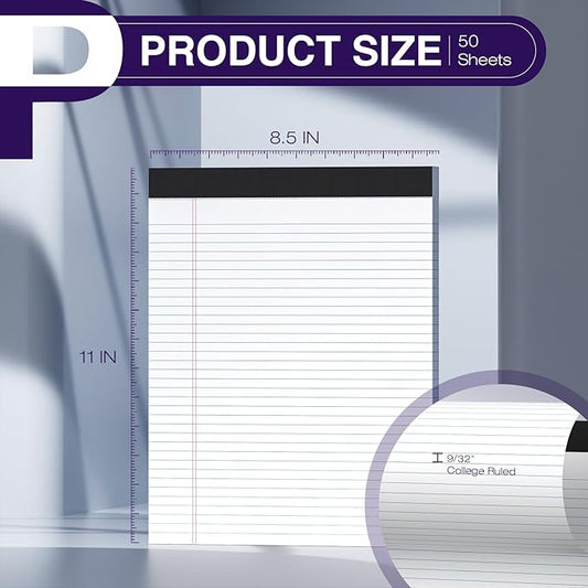 12 Pack Legal Pads 8.5 x 11 College Ruled 600 Sheets Note Pads 8.5 x 11 Inch Notepads Perforated Writing Pads 8.5 x 11 Pads of Paper Lined White Paper, 50 Sheets per Notepad for Home, Office, School
