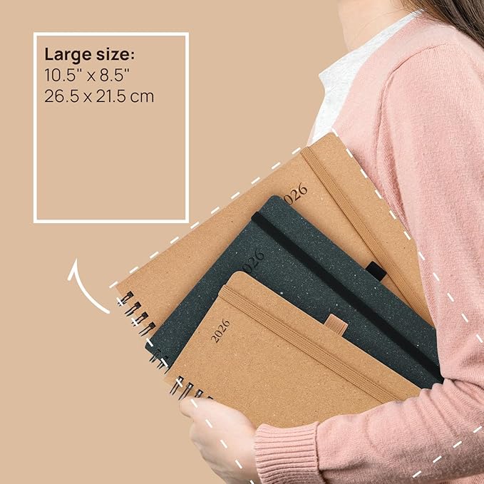 POPRUN 2026 Planner - 2026 Recycled Weekly Planner [Italian Regenrated Leather - Medium Size 8.5'' x 10.5''] - 2026 Weekly Planner with Hourly Schedule, Monthly Tabs-26-WERK7-DST - Desert Brown