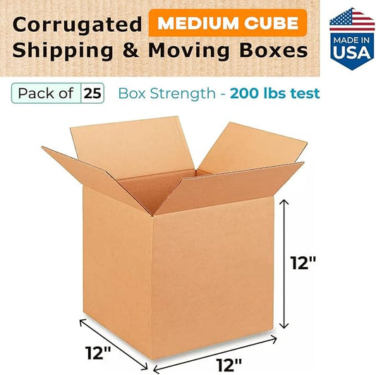 Medium Shipping & Moving Boxes 12"L x 12"W x 12"H (25-Pack) - Extra Strength 200 lb vs Regular - Corrugated Cardboard Boxes for USPS/UPS/FEDEX - Box for Shipping - Box to Pack by IDL Packaging