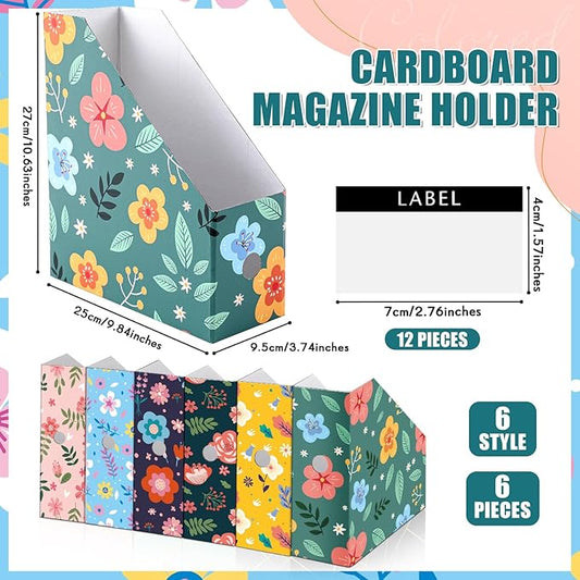 PerKoop 6 Pcs Magazine File Holder Foldable Decorative Cardboard File Folders 6 Patterns Floral Colored Magazine Rack with Printable Sticker Labels for School Office Home Desk (Flower Design)