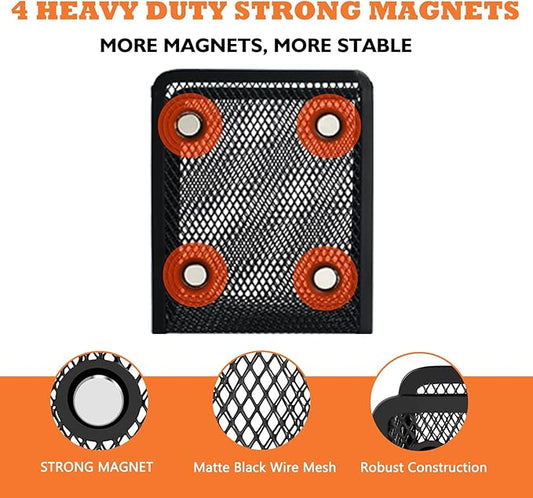 Ameceres Magnetic Pencil Holder - Extra Strong Magnets Mesh Marker Holder Perfect for Whiteboard, Refrigerator and Locker Accessories (1 Basket, 2 Packs Black)