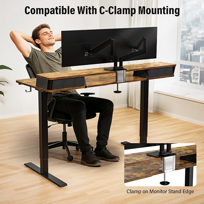 Kingant 55 x 24 Inch Electric Standing Desk with Dual Drawers, Height Adjustable Sit to Stand Computer Desk with Storage Shelf and C-Clamp Mount Compatibility for Home Office, Rustic Brown