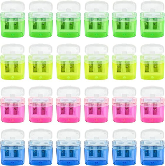 AUSTARK 24Pcs Pencil Sharpener Manual, Assorted Color Small Dual Hole Pencil Sharpeners Bulk with Lid with Lid for School Office Home (Rectangle-24)