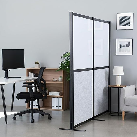 VIVO Modular Wall System, 2 PET and Whiteboard Panels, Professional Office Cubicle Dividers, Freestanding Privacy-Screen, 66 inches High, White and Light Gray, Black Frame, PP-MWS63B-WB